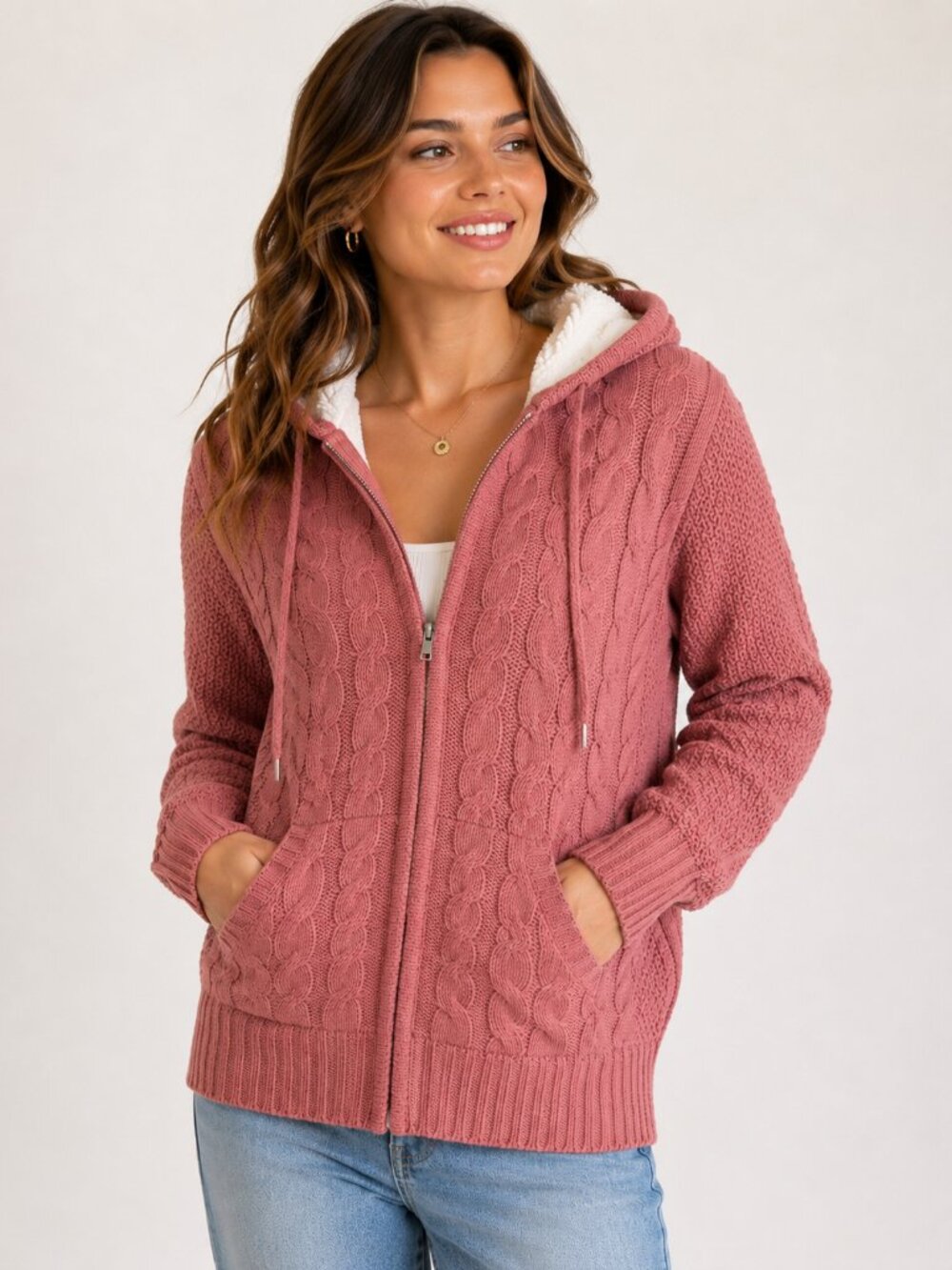 Derek Heart Women’s M Pink Cable Knit Faux Fur Hooded Full Zip Cardigan